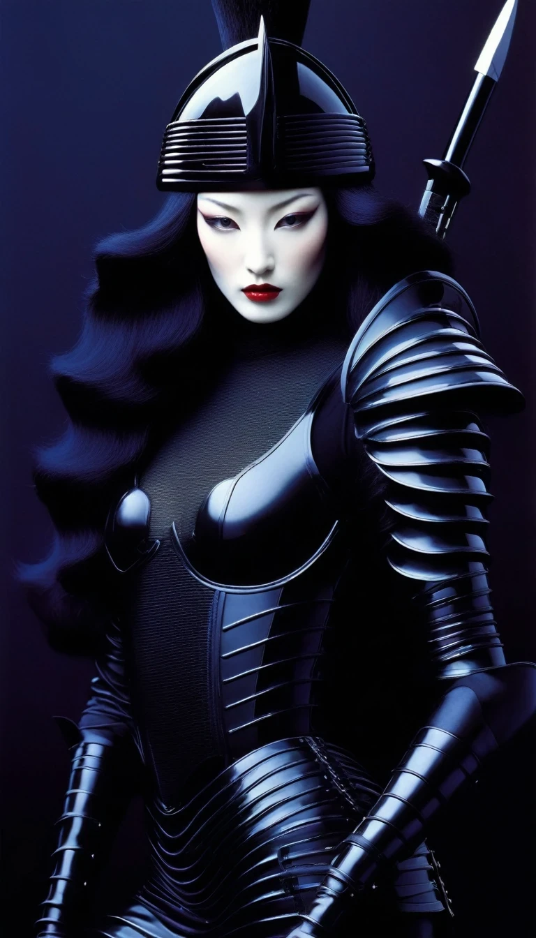 Avant-garde and elegant female warrior in tight combat uniform，Serge Lutens is known for his avant-garde elegance。His works continue to transcend the boundaries of traditional aesthetics，Combining elements of surrealism and futurism，While maintaining elegance。Lots of different weapons，Sophisticated yet provocative，background：battlefield