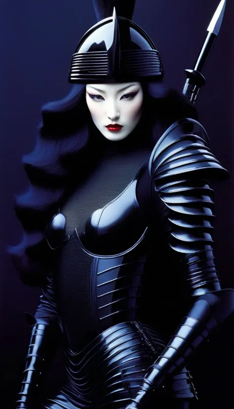 Avant-garde and elegant female warrior in tight combat uniform，Serge Lutens is known for his avant-garde elegance。His works cont...