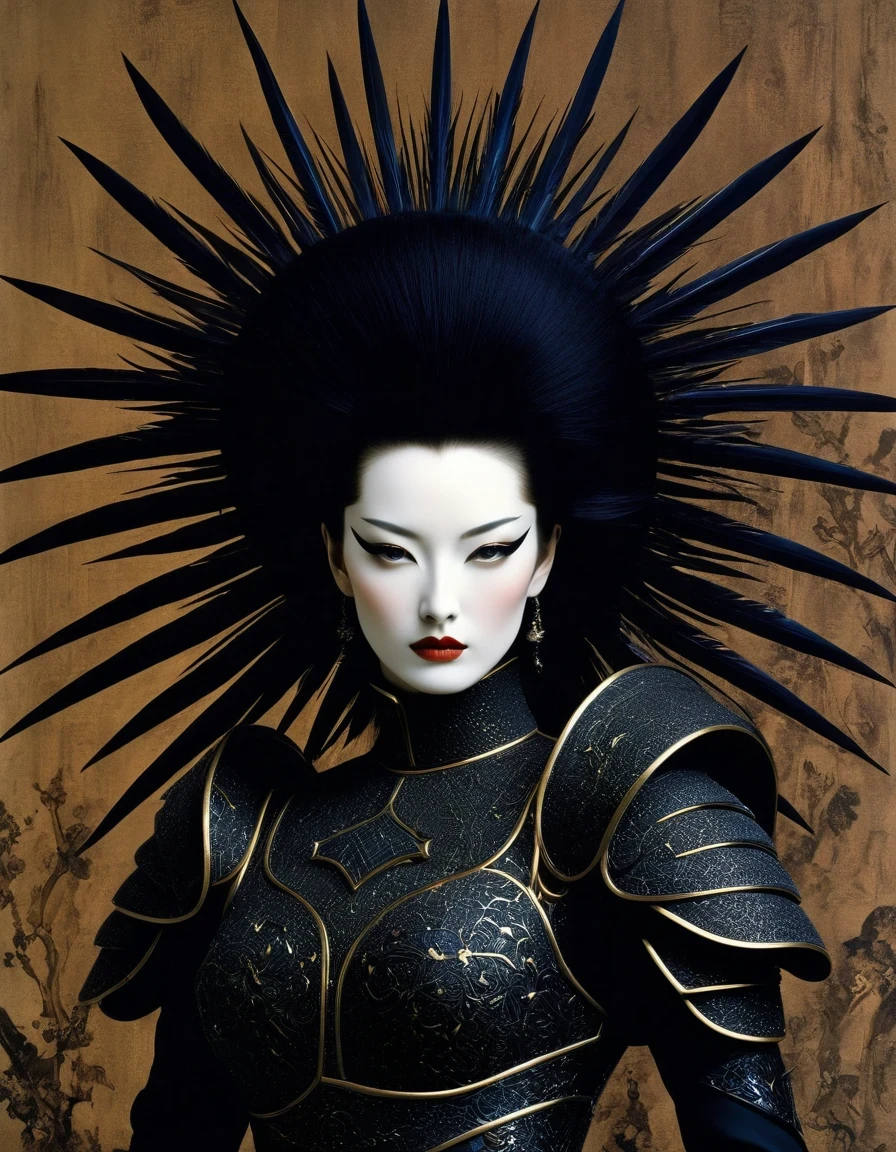 Avant-garde and elegant female warrior in tight combat uniform，Serge Lutens is known for his avant-garde elegance。His works continue to transcend the boundaries of traditional aesthetics，Combining elements of surrealism and futurism，While maintaining elegance。Lots of different weapons，Sophisticated yet provocative，background：battlefield