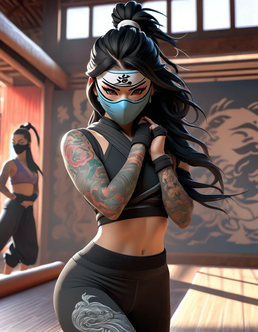 a masked female ninja doing yoga standing pose in a yoga classroom,full body,Dva figure,ibuki, yakuza tattoos, , by Jason Felix, featured on zbrush central, photorealism, ninja outfit, , intense stare, intricate stitching, long black hair 