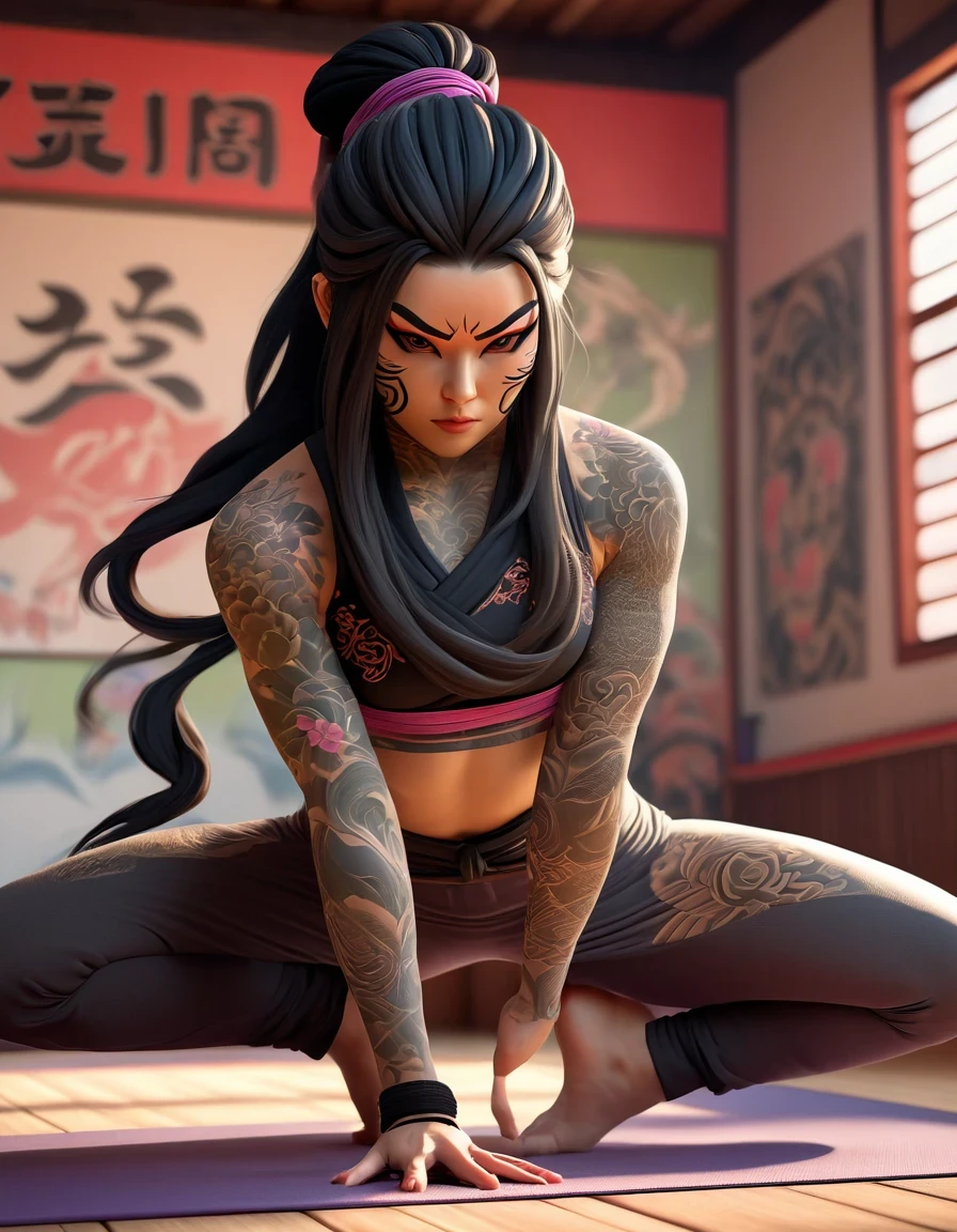 une ninja masquée faisant du yoga pose debout dans une classe de yoga,tout le corps,Deux chiffres,ibuki, tatouages yakuzas, , par Jason Félix, présenté sur zbrush central, photoréalisme, tenue de ninja, , regard intense, Coutures complexes, longs cheveux noirs 