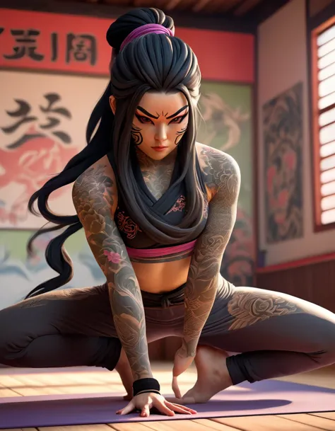 a masked female ninja doing yoga standing pose in a yoga classroom,full body,dva figure,ibuki, yakuza tattoos, , by jason felix,...