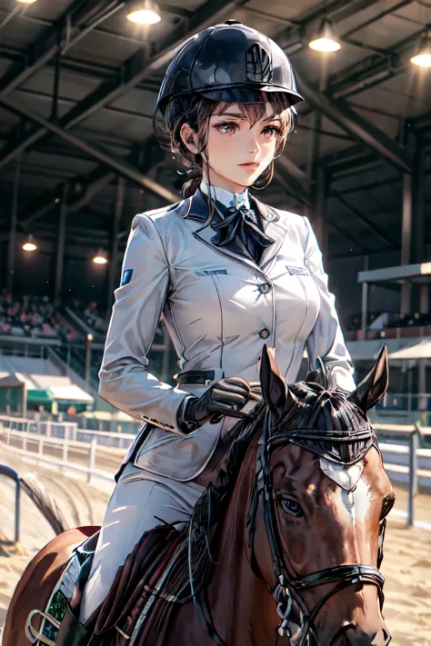 best quality, masterpiece, a woman, (wearing equitation_outfit, wearing cap:1.1), white equitation_outfit, good hand, head:1.3,f...