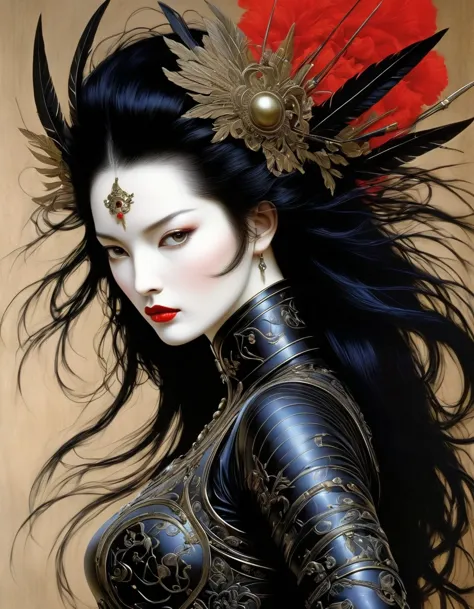 Avant-garde and elegant female warrior in tight combat uniform，Serge Lutens is known for his avant-garde elegance。His works cont...