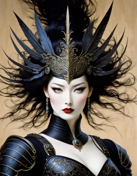 Avant-garde and elegant female warrior in tight combat uniform，Serge Lutens is known for his avant-garde elegance。His works cont...