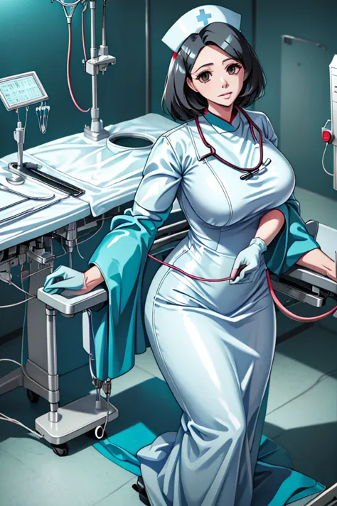 nurse uniform,hospital, latex nurse suit,nurses,busty,elbow gloves,labcoat,black hair woman,red eyes , gigantic ,medical instrum...