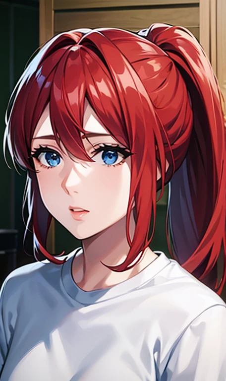 Face of a mature girl, red hair, ponytail, blue eyes, wearing a white t-shirt