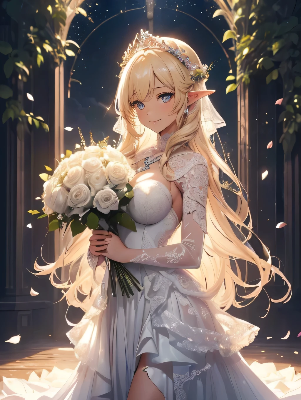 最high quality、1 womanエルフ NP: Worst quality ,flower fractal fine art　　Bigger on the front、Holding a bouquet of white roses in both hands、Present a bouquet of white roses、((have a white roses bouquet、)) Beautiful sparkle,High-definition depiction, Realistic, 8k, Unity, ,Mosquito cowboy shot, light smile, Beautifully and vividly drawn, , Beautiful, beautiful, clear skin、 white dress , , Beautiful Forest、Beautiful Landscape、 Romanticism,mosquito。 The most beautiful form of chaos, Mr..々color, Intertwined flowers, particle,Magical gentle light,smile,sexy,image quality、masterpiece、Beautiful Face、Super beautiful elf woman((Big breasted 22 year old office lady、Bust 90,Beautiful long ironed hair、blonde、height: 165cm。、sexy、Esbian、、high quality、、Visual Arts、最high quality、1 womanエルフ NP: Worst quality ,Flower fractal art　Marble pillar、、、light、Beautiful radiance,High-definition depiction, Realistic, 8k, Unity, , light smile, Beautifully and vividly drawn, , Beautiful, beautiful, clear skin、sexy ((see-through bodystocking,))Countless rays of light pouring down, Swirling Light, big background, , Intense light is emitted from the magic flower circle in front of the girl. Romanticism,Cowboy Shot: The most beautiful form of chaos, Mr..々color, Intertwined flowers, Particle,magical gentle light,smile,,image quality、masterpiece、Beautiful Face、Super beautiful elf woman((Big breasted 22 year old  lady、、Bust 90,Beautiful long ironed hair、blonde、height: 165cm。、Esbian、、high quality、Visual art、Written boundary depth、、Elf Ears、、universe、Happy smile、Gentle light、Elf forest、elegant、ticker beautiful decorative、、magic、forest、Beautiful tiara、Beautiful bed、A kind smile、wonderful、Fluttering petals、Dance happily、、Cultivate fantasy、、Mystery light　Lots of flowers、White Rose Bouquet、art、art,mystery,Ultra-high resolution,atmosphere 最high quality、Holding a bouquet of white roses