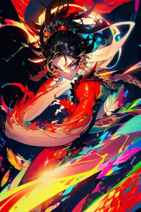 1girl and 1dragon,big red dragon,navy yukata,she has a japanese sword, japanese style,black hair and long hair