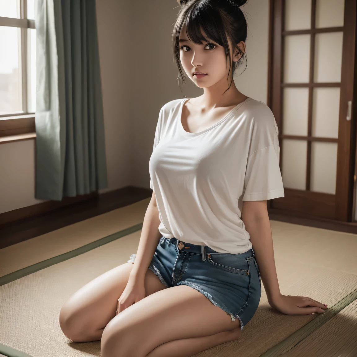 15yo girl, hair bun, black hair, parted long bangs, (thin eyebrows), oversized gray T-shirt, denim shorts, barefoot, (gigantic breasts), cleavage, symmetrical eyes, sitting, indian style, full body shot, washitsu, scenery, tatami, sliding doors, indoors, window, Underexpose Lighting,