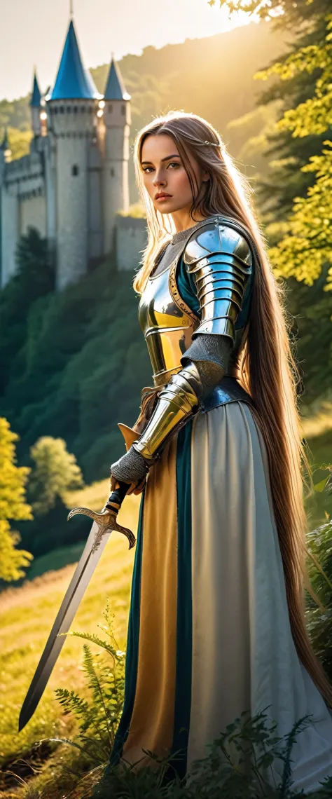 "a stunningly beautiful and divine female knight from medieval europe, wearing ornate and shining armor with intricate details, ...