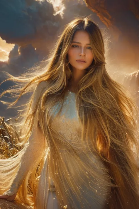 a tragically beautiful girl, long flowing hair, ethereal glowing skin, eyes full of sorrow, elegant flowing dress, standing in a...