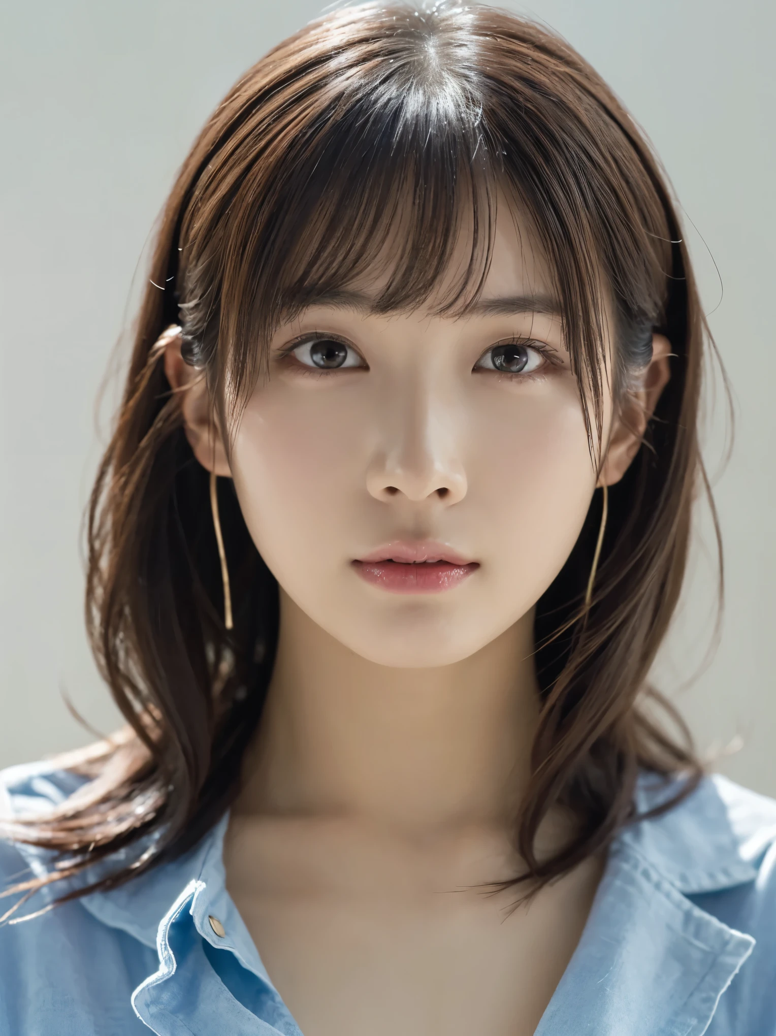 1 girl, (Wear casual clothes in spring:1.2), Very beautiful Japanese idol portraits, 
(RAW Photos, highest quality), (Realistic, Realistic:1.4), (masterpiece), 
Very delicate and beautiful, Very detailed, 2k wallpaper, wonderful, finely, Very detailed CG Unity 8K 壁紙, Very detailed, High resolution, Soft Light, 
Beautiful detailed girl, Very detailed目と顔, Beautiful and detailed nose, Big beautiful eyes, Cinema Lighting, 
(Simple light color background:1.3),
(Medium Hair), (Parted bangs), 
Complete Anatomy, Slender body,Big Breasts, Sensual look