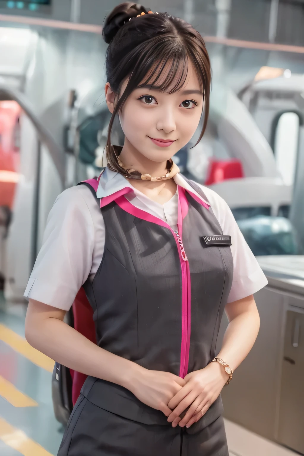 (masterpiece:1.2, highest quality:1.2), 32K HDR, High resolution, (alone、1 girl)、（At the station platform、Professional Lighting）、Background of an empty station platform、（Realistic style of JR Gran Class crew wearing uniform）、Short sleeve blouse、a scarf around the neck、（JR Gran Class flight attendant uniform with pink parts on the skirt sleeves）、（JR Gran Class flight attendant uniform with pink line on front zipper of vest）、Dark brown hair、（Hair tied up、Hair Bun、Hair Bun）、Dark brown hair、Long Shot、Big Breasts、（（Great hands：2.0）），（（Harmonious body proportions：1.5）），（（Normal limbs：2.0）），（（Normal finger：2.0）），（（Delicate eyes：2.0）），（（Normal eyes：2.0））)、Luxury Necklace、smile、Beautiful standing posture,Place your hands around your stomach
