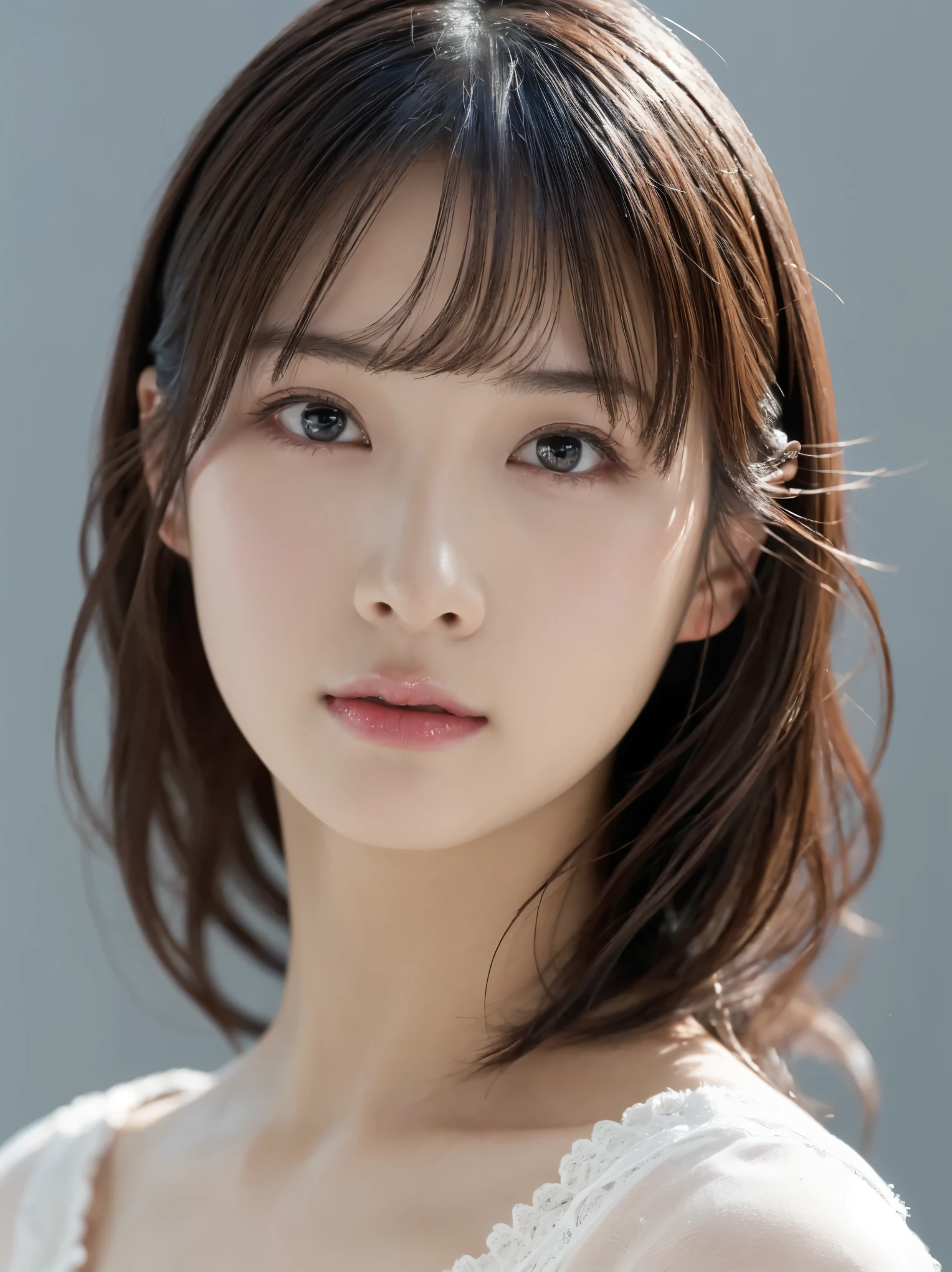 1 girl, (Wear casual clothes in spring:1.2), Very beautiful Japanese idol portraits, 
(RAW Photos, highest quality), (Realistic, Realistic:1.4), (masterpiece), 
Very delicate and beautiful, Very detailed, 2k wallpaper, wonderful, finely, Very detailed CG Unity 8K 壁紙, Very detailed, High resolution, Soft Light, 
Beautiful detailed girl, Very detailed目と顔, Beautiful and detailed nose, Big beautiful eyes, Cinema Lighting, 
(Simple light color background:1.3),
(Medium Hair), (Parted bangs), 
Complete Anatomy, Slender body,Big Breasts, Sensual look