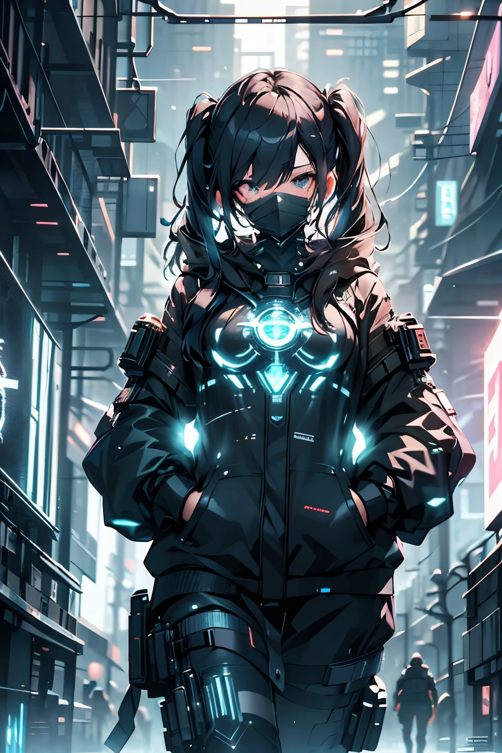 cyberpunk cyborg female, Zwillingsschwänze, leuchtende Energiepaneele, sehr detailliert, kompliziertes mechanisches Design, futuristische Rüstung, Neonlichter, dynamische pose, epische filmische Beleuchtung, volumetrischer Nebel, fotorealistisch, 8k, hyperdetailliert