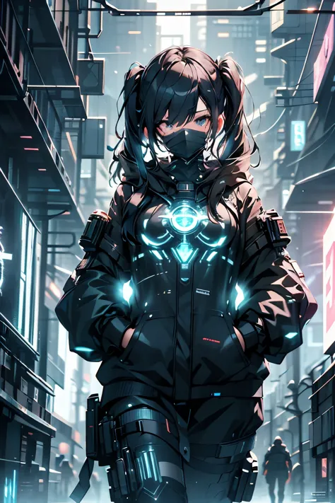 cyberpunk cyborg female, twin tails, glowing energy panels, highly detailed, intricate mechanical design, futuristic armor, neon...