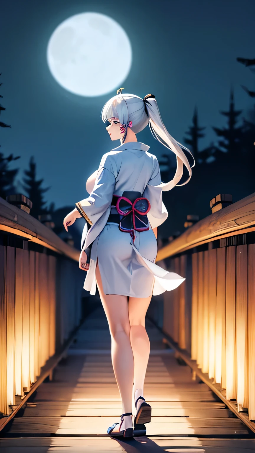 1girl, solo, long hair , looking at viewer, blue eyes, large breast, thick thighs, beautiful face, beautiful eyes, white kimono, white hair, ponytail, parted lips, forest, at night, moon light from behind, standing on a wooden bridge, full body, standing,