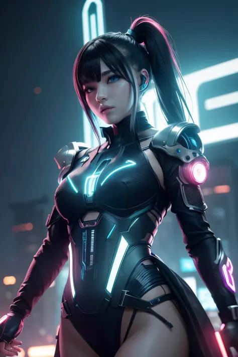 cyberpunk cyborg female, twin tails, glowing energy panels, highly detailed, intricate mechanical design, futuristic armor, neon...