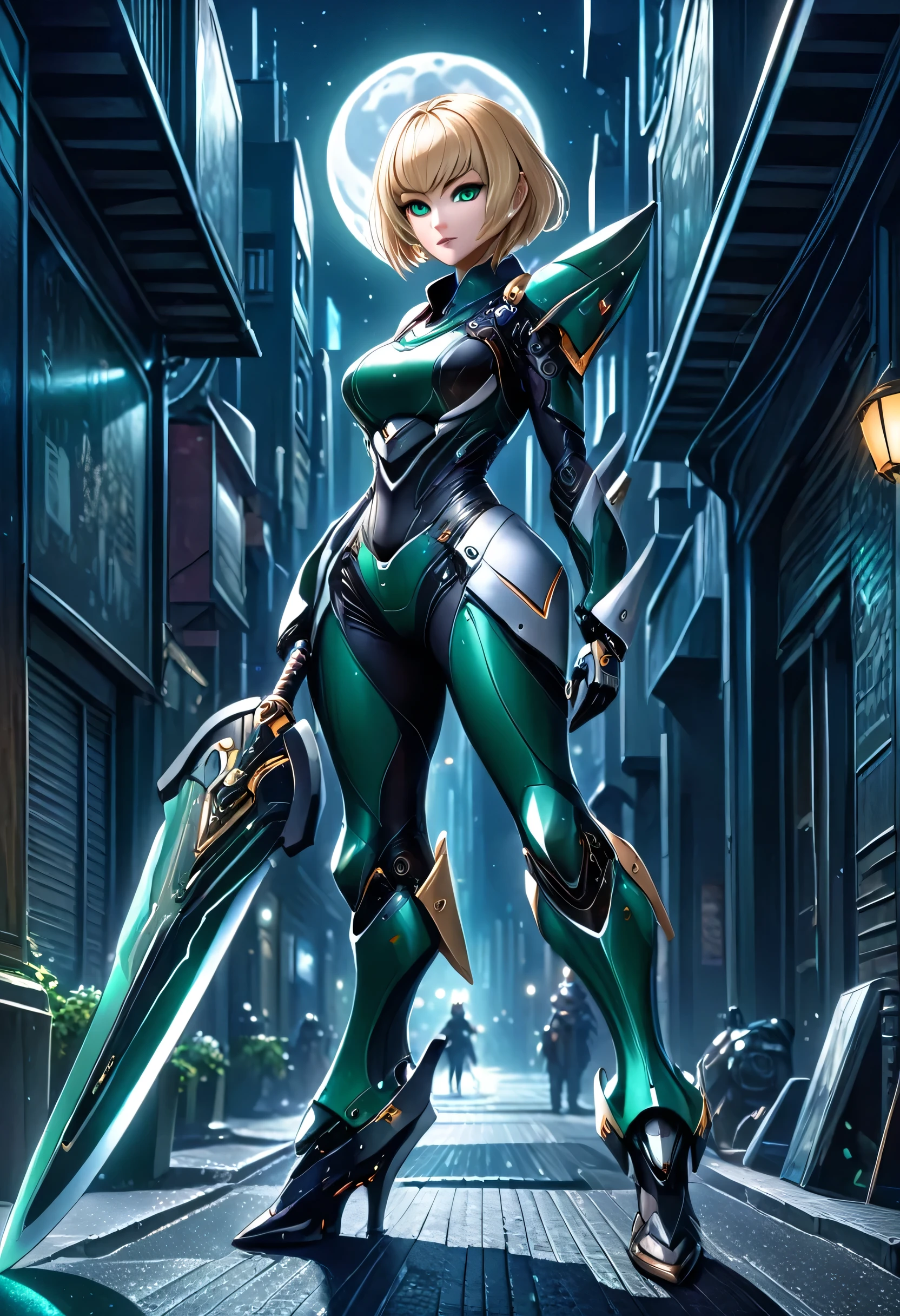 high details, best quality, 16k, [ultra detailed], masterpiece, best quality, (extremely detailed), full body, ultra wide shot, photorealistic, a picture of a woman assassin ready to combat in a dark alley, she holds a sword in hand, exquisite beautiful woman, she has pixie cut blond hair, emerald green eyes, she wears a tight leather suit, the suit has mecha gadgets,  she kneels in fantasy dark street of fantasy setting city, its night time, the moon is high in the sky, many stars in the night, high details, best quality, highres, ultra wide angle, DonMN1gh7XL