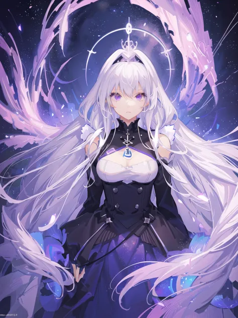 anime girl with white hair and purple eyes wearing a black and white outfit, detailed digital anime art, stunning anime face por...