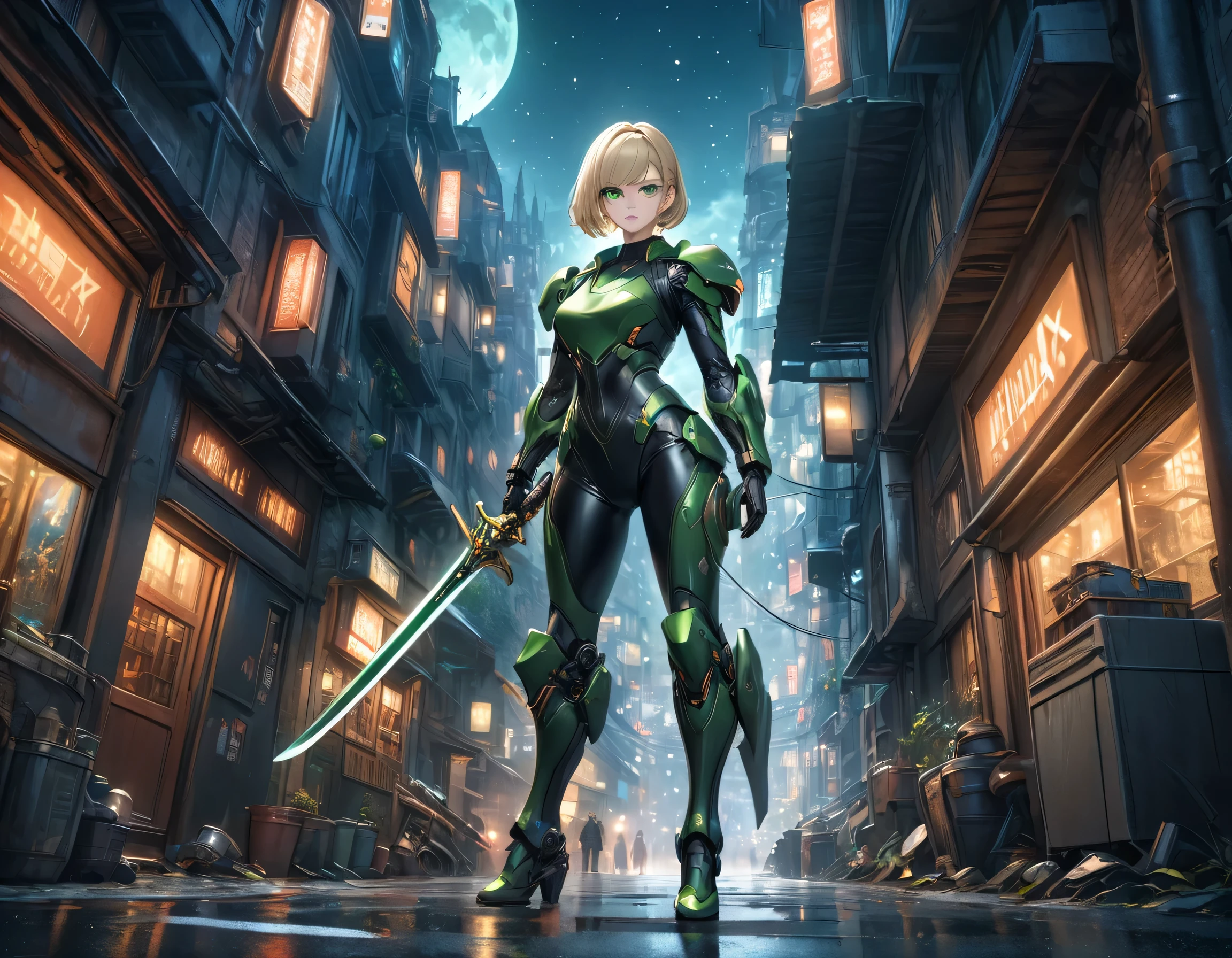 high details, best quality, 16k, [ultra detailed], masterpiece, best quality, (extremely detailed), full body, ultra wide shot, photorealistic, a picture of a woman assassin ready to combat in a dark alley, she holds a sword in hand, exquisite beautiful woman, she has pixie cut blond hair, emerald green eyes, she wears a tight leather suit, the suit has mecha gadgets,  she kneels in fantasy dark street of fantasy setting city, its night time, the moon is high in the sky, many stars in the night, high details, best quality, highres, ultra wide angle, DonMN1gh7XL, cybrk