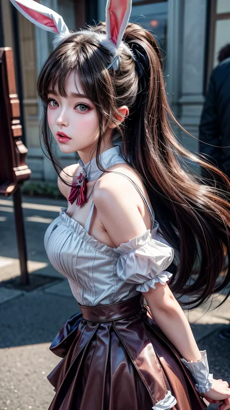 Close-up：A woman wearing bunny ears and a skirt，Beautiful anime CGI art，Realistic anime girl rendering，Realistic anime 3D style，...