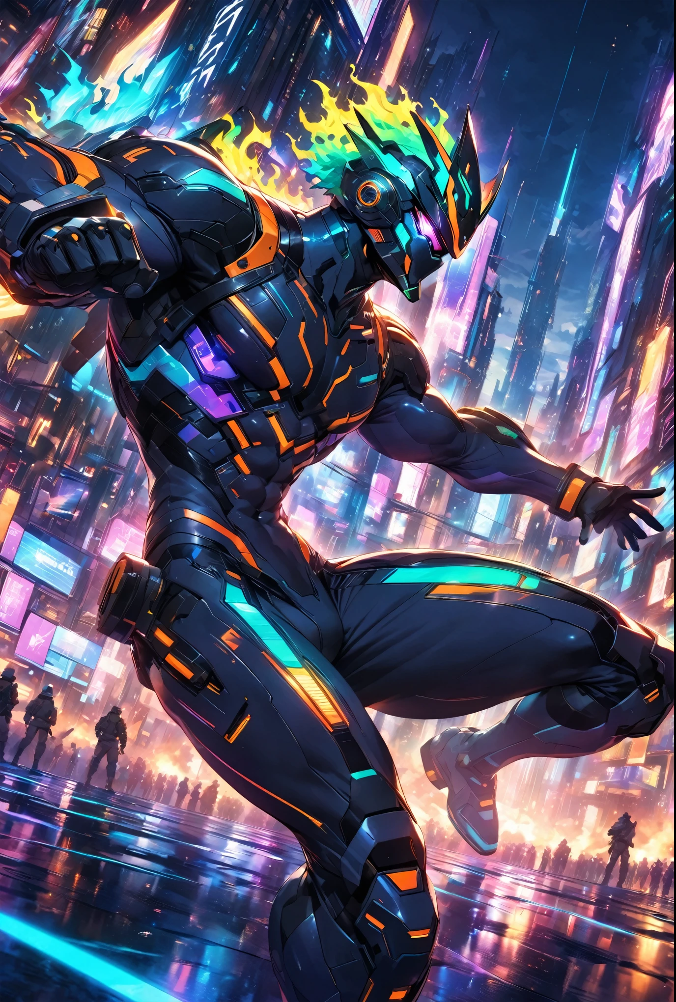 "A handsome man wearing a sleek, body-hugging combat suit in a cyberpunk setting. The suit is crafted from high-durability, lightweight materials, featuring an ergonomic design with vibrant neon lines and patterns in a variety of colors, including electric blue, neon green, fiery red, and bright purple, all tracing the contours of his muscular physique. The suit includes reinforced joints and embedded sensors, seamlessly integrated into the fabric. He has no helmet, revealing his sharp features and intense expression, with short, stylishly tousled hair. The scene is set in a chaotic urban battlefield, illuminated by a cacophony of neon lights and holographic advertisements. The background features towering skyscrapers and flying vehicles, with vibrant, colorful lights reflecting off the wet surfaces. In the midst of combat, explosions and energy blasts create dynamic lighting effects, casting dramatic shadows and highlighting the action-packed atmosphere."
