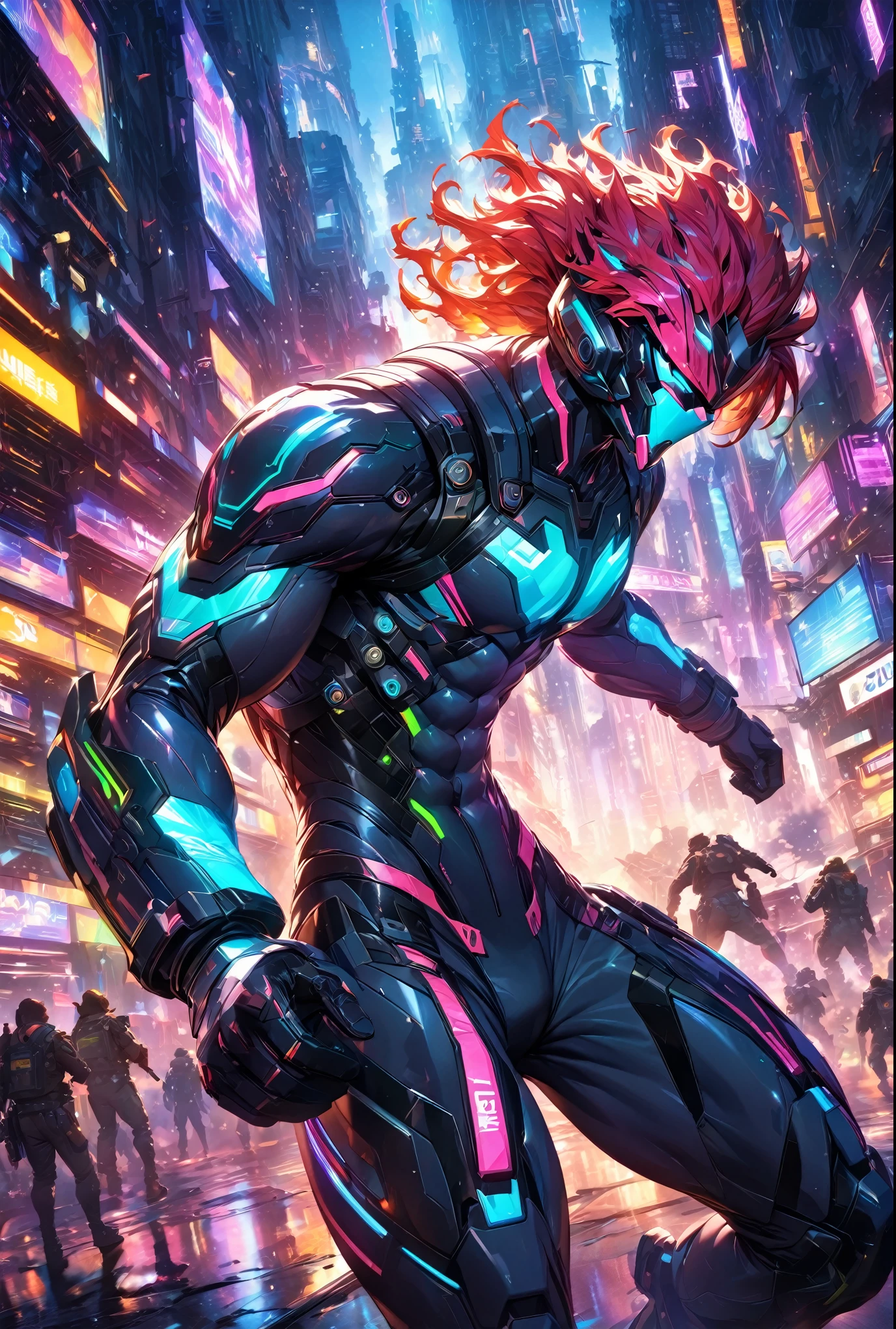 "A handsome man wearing a sleek, body-hugging combat suit in a cyberpunk setting. The suit is crafted from high-durability, lightweight materials, featuring an ergonomic design with vibrant neon lines and patterns in a variety of colors, including electric blue, neon green, fiery red, and bright purple, all tracing the contours of his muscular physique. The suit includes reinforced joints and embedded sensors, seamlessly integrated into the fabric. He has no helmet, revealing his sharp features and intense expression, with short, stylishly tousled hair. The scene is set in a chaotic urban battlefield, illuminated by a cacophony of neon lights and holographic advertisements. The background features towering skyscrapers and flying vehicles, with vibrant, colorful lights reflecting off the wet surfaces. In the midst of combat, explosions and energy blasts create dynamic lighting effects, casting dramatic shadows and highlighting the action-packed atmosphere."
