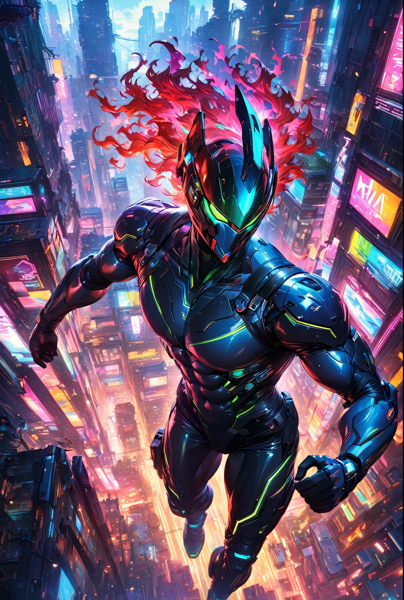 ,(masterpiece:1.3),(highest quality:1.4),(ultra detailed:1.5),High resolution,extremely detailed,unity 8k wallpaper,"A handsome man wearing a sleek, body-hugging combat suit in a cyberpunk setting. The suit is crafted from high-durability, lightweight materials, featuring an ergonomic design with vibrant neon lines and patterns in a variety of colors, including electric blue, neon green, fiery red, and bright purple, all tracing the contours of his muscular physique. The suit includes reinforced joints and embedded sensors, seamlessly integrated into the fabric. He has no helmet, revealing his sharp features and intense expression, with short, stylishly tousled hair. The scene is set in a chaotic urban battlefield, illuminated by a cacophony of neon lights and holographic advertisements. The background features towering skyscrapers and flying vehicles, with vibrant, colorful lights reflecting off the wet surfaces. In the midst of combat, explosions and energy blasts create dynamic lighting effects, casting dramatic shadows and highlighting the action-packed atmosphere."
