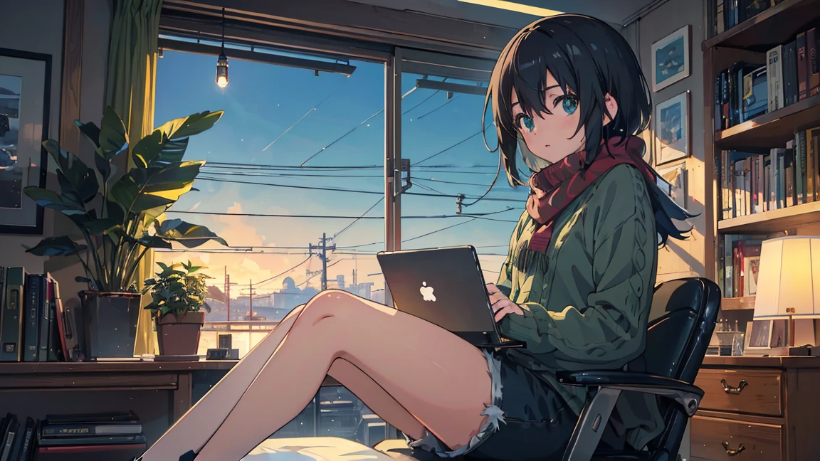 ((höchste Qualität)), ((Meisterwerk)), ((ultrahohe Auflösung)), ((Super detailliert)), (Anime-Mädchen sitzt an einem Schreibtisch mit einem Laptop und Kopfhörern), (hellgrüner Pullover), (schwarze, kurze Hosen), (Roter Schal mit schwarzen Streifen), (schwarzes Haar), (Wende deinen Blick ab:1.4), süße Augen, Topfpflanzen, Buch, Buchhelf, Buch, Buchhelf, Nacht, digital Anime-Illustration, Keyframe illustration, Kunstwerk im Gwaites-Stil, Makoto Shinkai&#39;Kunst Stil, Porträt von Rofi, digitale Anime-Kunst, Makoto Shinkai-Stil, Lo-Fi-Mädchen, (Setzen Sie sich an einen Schreibtisch und tippen Sie auf einer Tastatur), Illustrationen im Anime-Stil, ロフィKunst Stil, Anime-Illustration