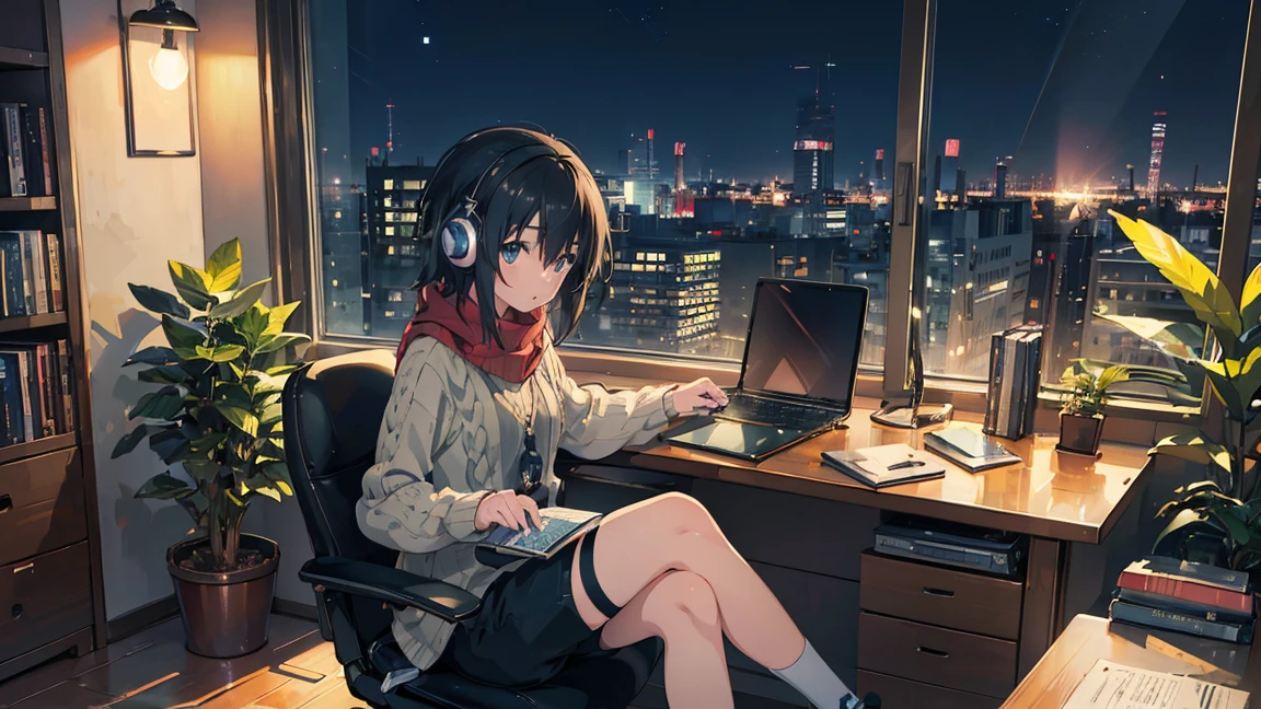 ((highest quality)), ((masterpiece)), ((Ultra-high resolution)), ((Super detailed)), (Anime girl sitting at a desk with a laptop and headphones), (Light Green Sweater), (Black shorts), (Red scarf with black stripes), (Black Hair), (avert your eyes:1.4), Cute eyes, Potted plants, book, bookhelf, book, bookhelf, night, digital Anime illustration, Keyframe illustration, Gwaites style artwork, Makoto Shinkai&#39;Art Style, Portrait of Rofi, Digital anime art, Makoto Shinkai style, Lo-fi Girl, (Sit at a desk and type on a keyboard), Anime-style illustrations, ロフィArt Style, Anime illustration