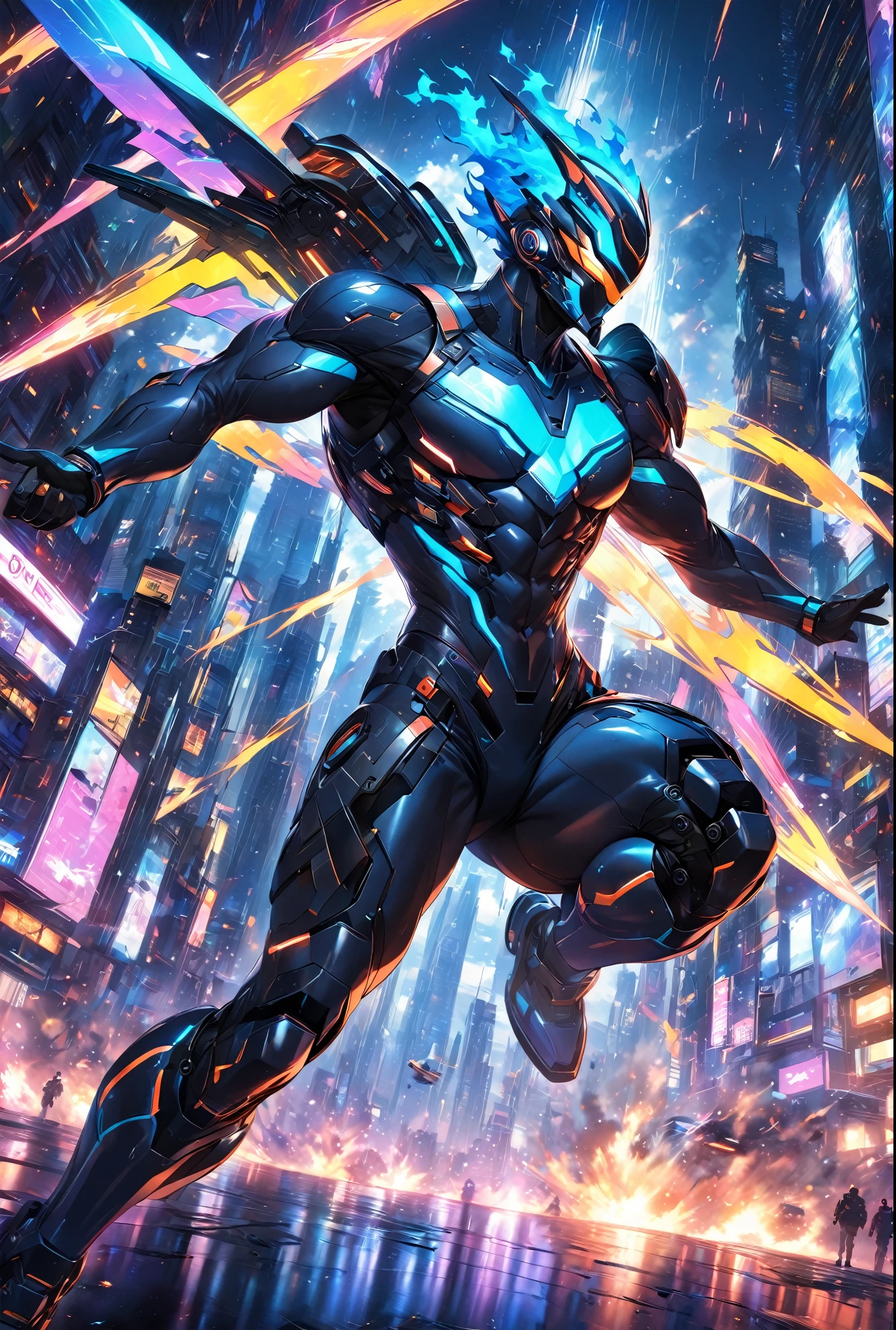 "A handsome man wearing a sleek, body-hugging combat suit in a cyberpunk setting. The suit is crafted from high-durability, lightweight materials, featuring an ergonomic design with vibrant neon lines and patterns in a variety of colors, including electric blue, neon green, fiery red, and bright purple, all tracing the contours of his muscular physique. The suit includes reinforced joints and embedded sensors, seamlessly integrated into the fabric. He has no helmet, revealing his sharp features and intense expression, with short, stylishly tousled hair. The scene is set in a chaotic urban battlefield, illuminated by a cacophony of neon lights and holographic advertisements. The background features towering skyscrapers and flying vehicles, with vibrant, colorful lights reflecting off the wet surfaces. In the midst of combat, explosions and energy blasts create dynamic lighting effects, casting dramatic shadows and highlighting the action-packed atmosphere."

