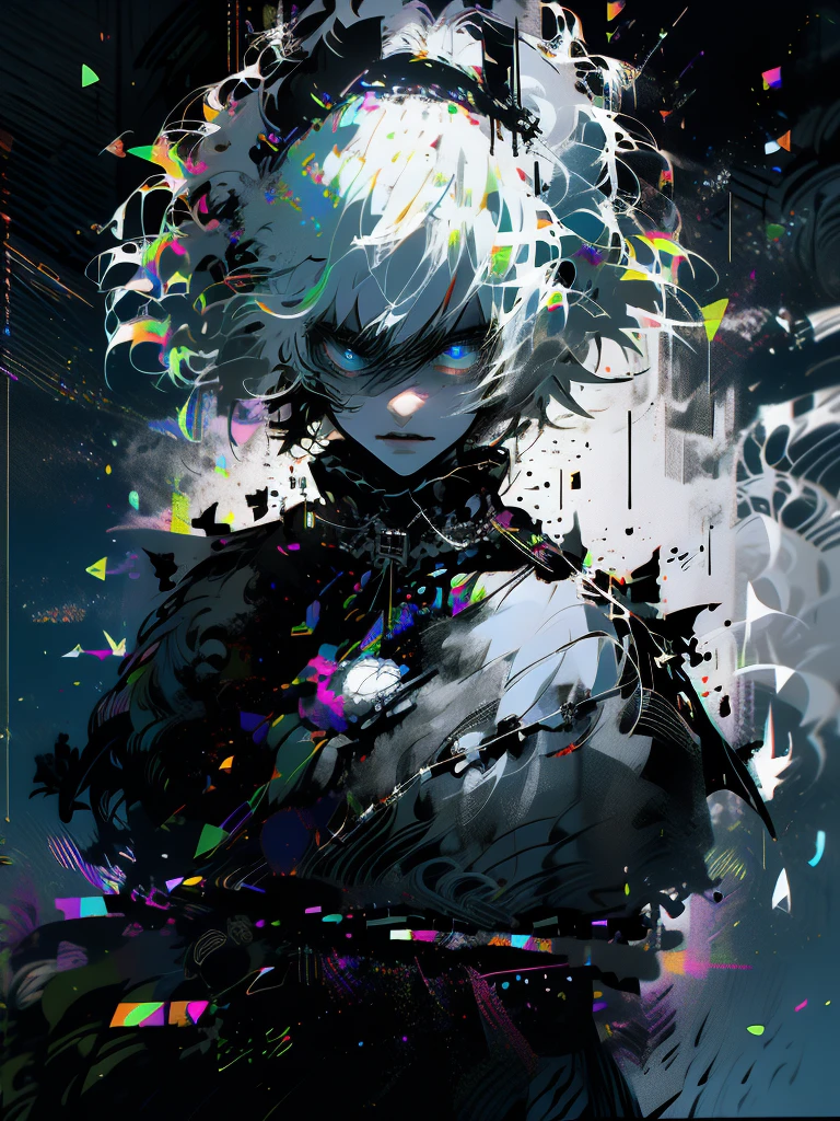 1 handsome guy，Rainbow pupils，Black and white hair，ultra - detailed，（s fractal art：1.4）， rich colourful， detailed back ground，（Fractals in the background：1.2），Chaos and order，Black and white，Light and darkness，angel and demon， hight contrast， Ray traching， cinmatic lighting， （Start from the front：0.6）