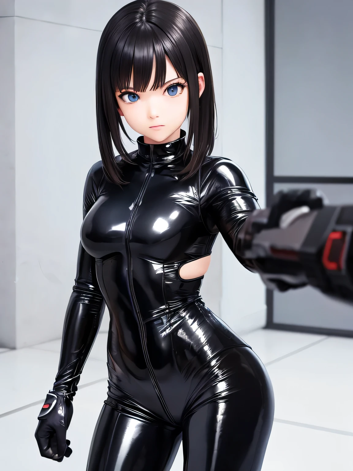 GANTZ costume, extremely tight black Full Body Combat Suit, (Aim the gun), full face helmet, Black gloves, Action pose, skyscraper roof, overlooking a city, detailed background, ((nighttime, darkness, low light pollution)),