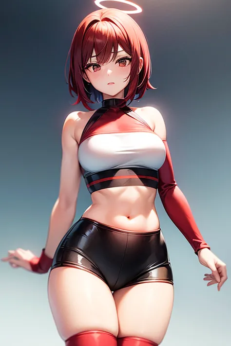 Create an anime illustration of an adorable 109cm-tall girl with black eyes, short bright-red hair, and a red-and-white sexy tec...