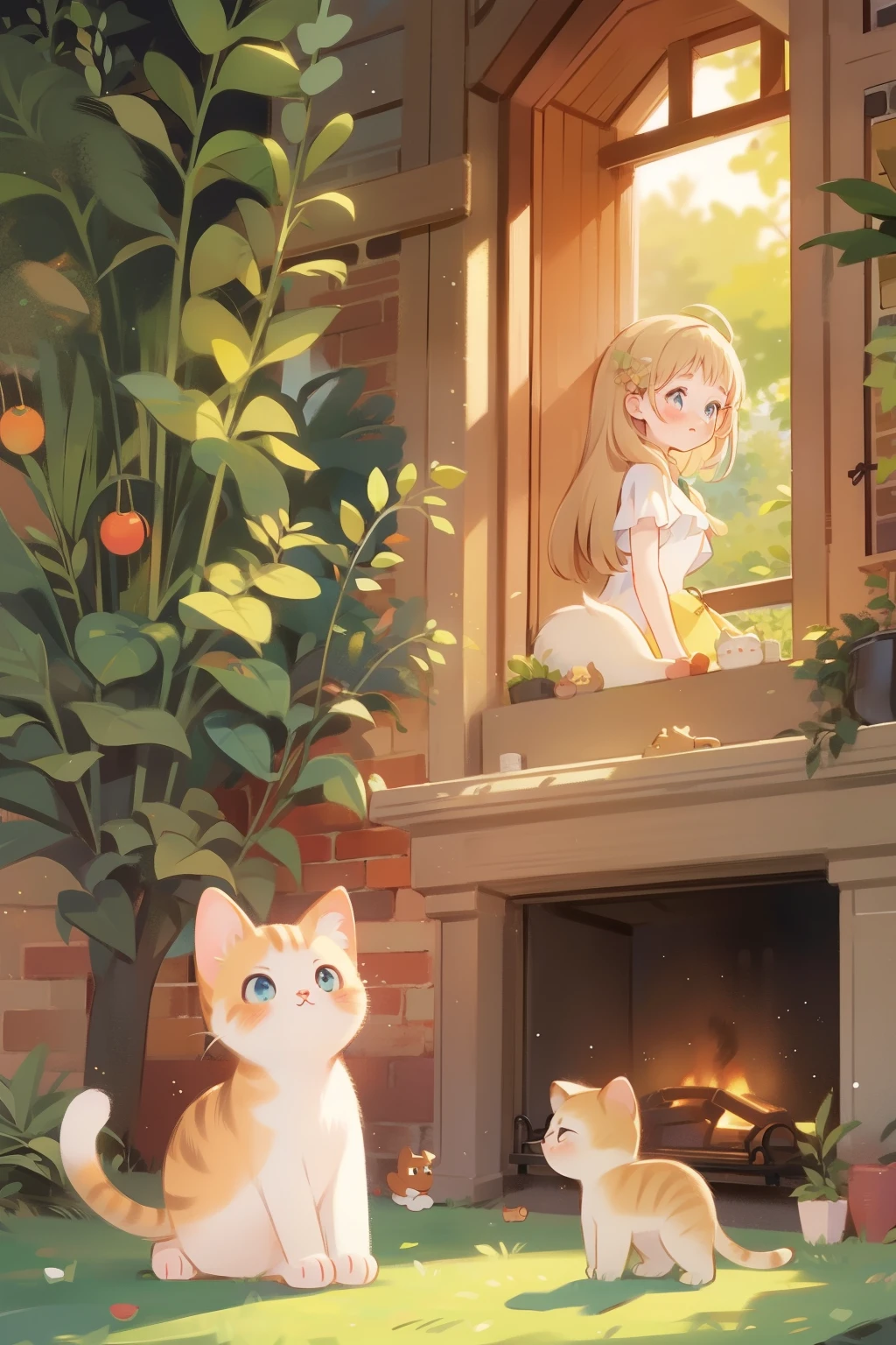 قطة وفتاة لطيفة，في المكتبة القديمة，نبات أوراق الشجر，غروب الشمس مشرقة من خلال النافذة，عطلة，
