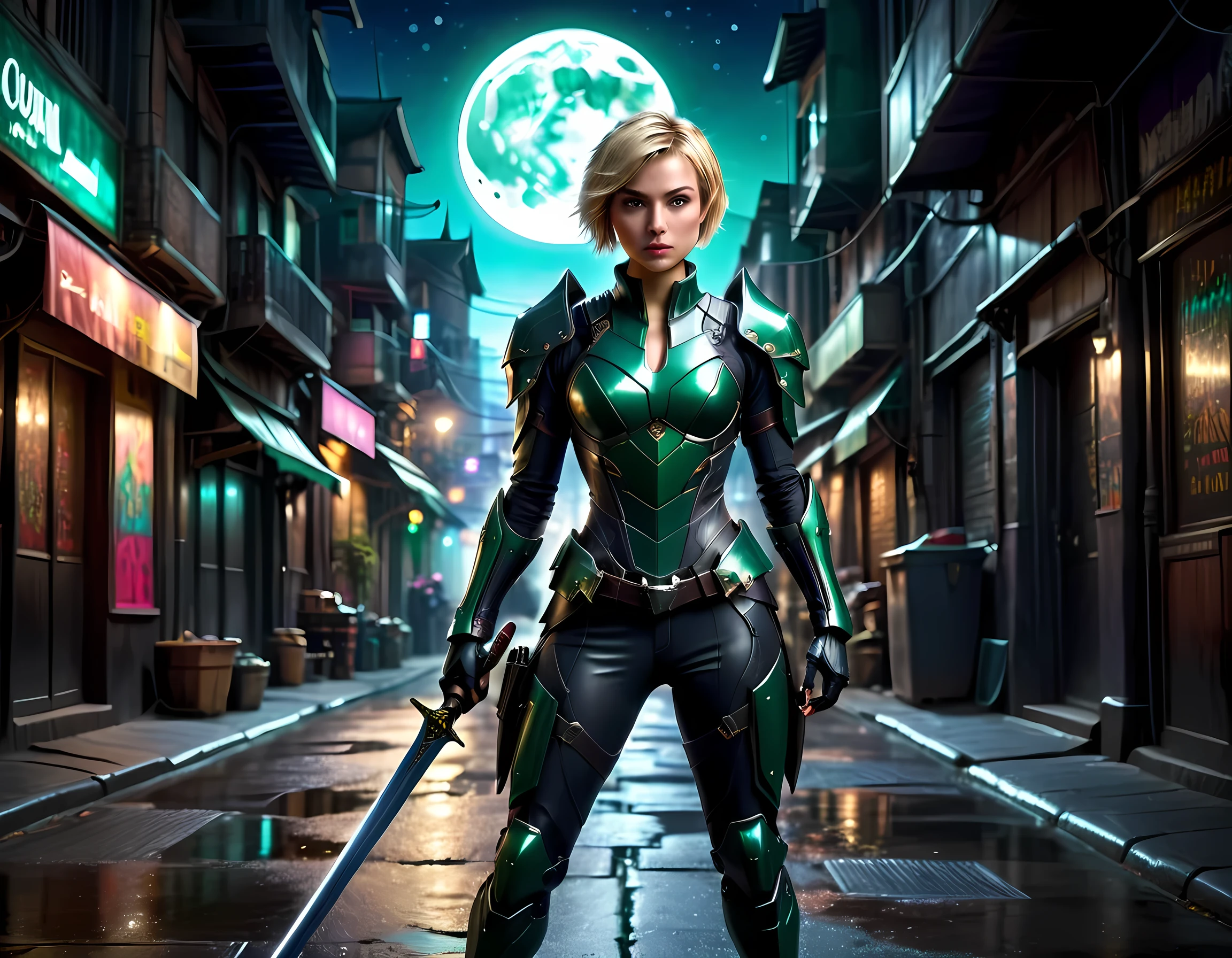 high details, best quality, 16k, [ultra detailed], masterpiece, best quality, (extremely detailed), full body, ultra wide shot, photorealistic, a picture of a woman assassin ready to combat in a dark alley, she holds a sword in hand, exquisite beautiful woman, she has pixie cut blond hair, emerald green eyes, she wears a tight leather suit, the suit has mecha gadgets, dynamic color suit, she kneels in fantasy dark street of fantasy setting city, its night time, the moon is high in the sky, many stars in the night, high details, best quality, highres, ultra wide angle, DonMN1gh7XL, cybrk