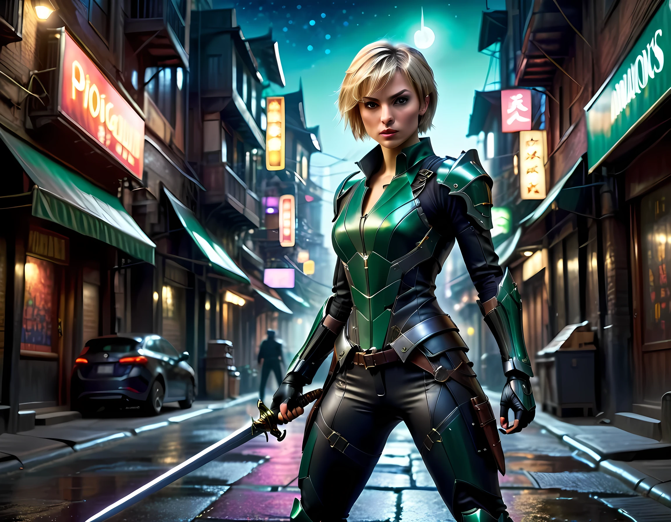 high details, best quality, 16k, [ultra detailed], masterpiece, best quality, (extremely detailed), full body, ultra wide shot, photorealistic, a picture of a woman assassin ready to combat in a dark alley, she holds a sword in hand, exquisite beautiful woman, she has pixie cut blond hair, emerald green eyes, she wears a tight leather suit, the suit has mecha gadgets, dynamic color suit, she kneels in fantasy dark street of fantasy setting city, its night time, the moon is high in the sky, many stars in the night, high details, best quality, highres, ultra wide angle, DonMN1gh7XL, cybrk