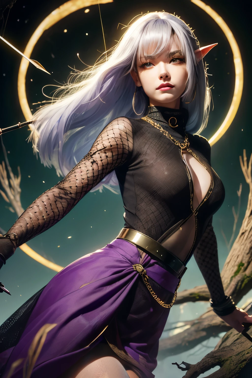 (Ultra-detailed face, Sharp eyes:1.4), (Fantasy Illustration with Gothic & Ukiyo-e & Comic Art), (A young-aged elf woman with white hair, blunt bangs, bob cut, dark purple skin, lavender eyes)