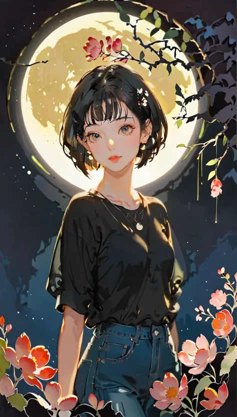 (((paper cutting style))), 1 girl, short black short hair, bob, shirts and denim, portfolio, full moon illuminating the backgrou...