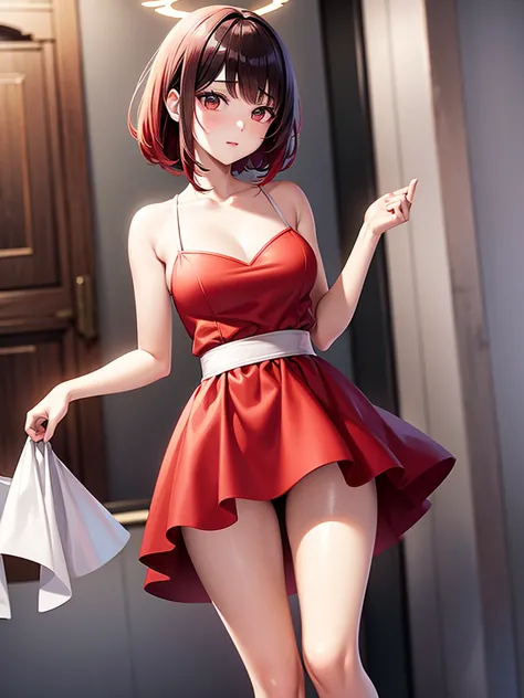 Create an anime illustration of an adorable 109cm-tall girl with black eyes, short bright-red hair, and a red-and-white sexy dre...