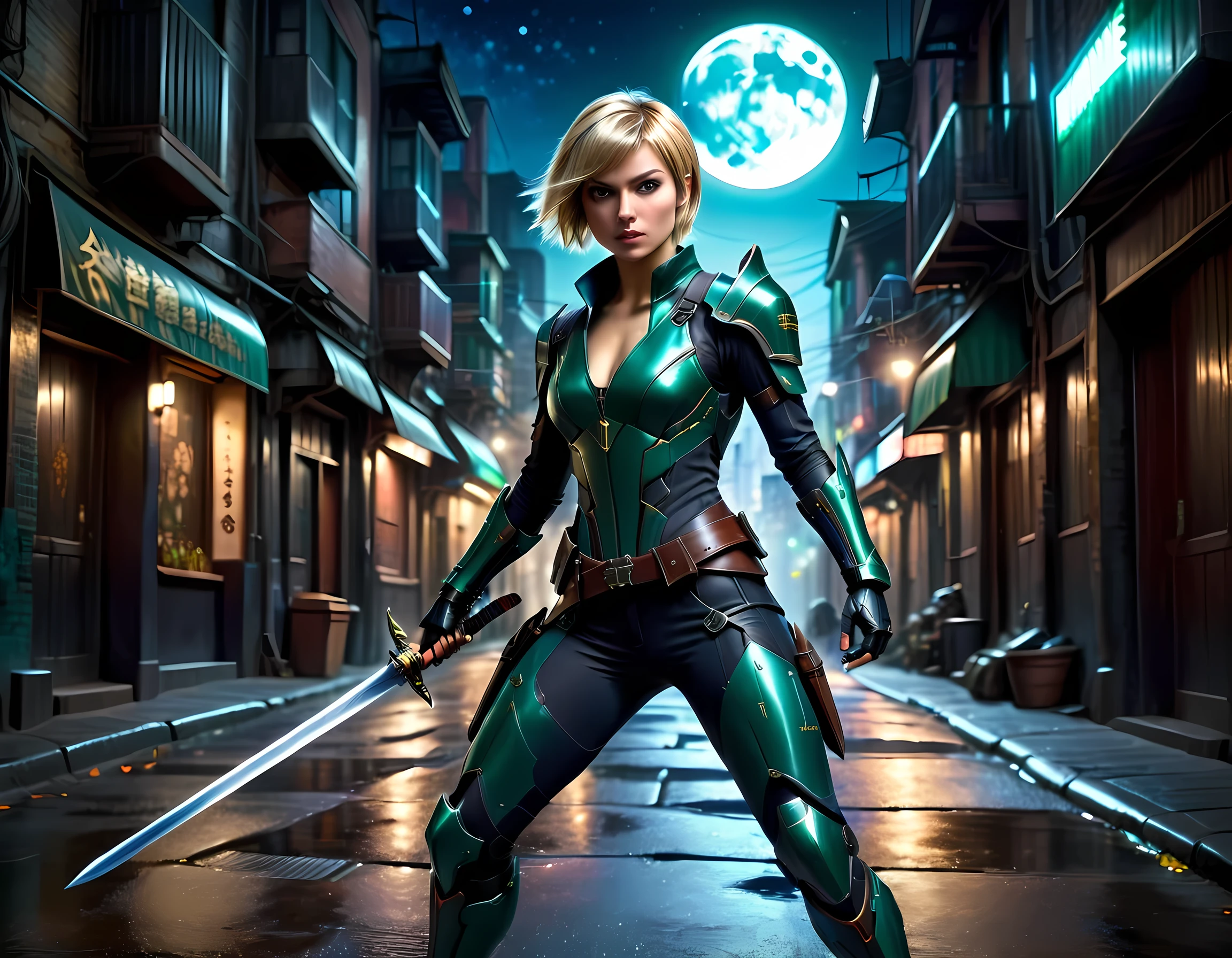 high details, best quality, 16k, [ultra detailed], masterpiece, best quality, (extremely detailed), full body, ultra wide shot, photorealistic, a picture of a woman assassin ready to combat in a dark alley, she holds a sword in hand, exquisite beautiful woman, she has pixie cut blond hair, emerald green eyes, she wears a (blue: 1.3) tight leather suit, the suit has mecha gadgets, dynamic color suit, she kneels in fantasy dark street of fantasy setting city, its night time, the moon is high in the sky, many stars in the night, high details, best quality, highres, ultra wide angle, DonMN1gh7XL, cybrk