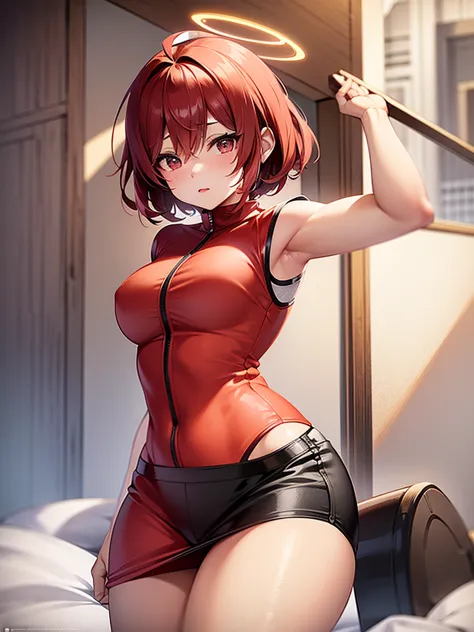 Create an anime illustration of an adorable 109cm-tall girl with black eyes, short bright-red hair, and a red-and-white sexy tec...