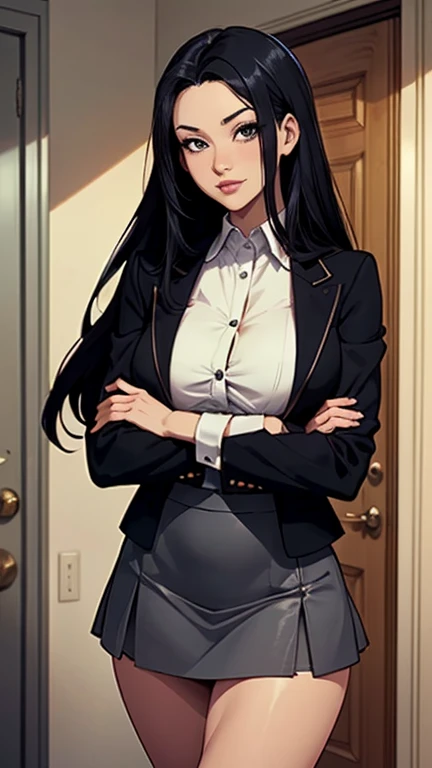 1 female(Solitary, Landlady, Korean/American, Asian facial features, 33 years old, Prominent cheekbones, Oval face, Full lips, Black Hair, long hair, Straight Hair, Layered Hair, Large target  ( (((Large Breasts、Breast sagging、Low-cut，Cleavage ，Wide hips,)))((Long legs)),Hourglass figure))), slim, High, Long legs, black jacket, White shirt, Black skirt, Short skirt, Loafers, beautiful, Mature, elegant, ) Standing in the doorway of a modern apartment，Arms Crossece full of joy and domineering, beautiful, best quality, Maximum details, masterpiece, Japanese cartoons, endless, Very powerful energy, Lust energy