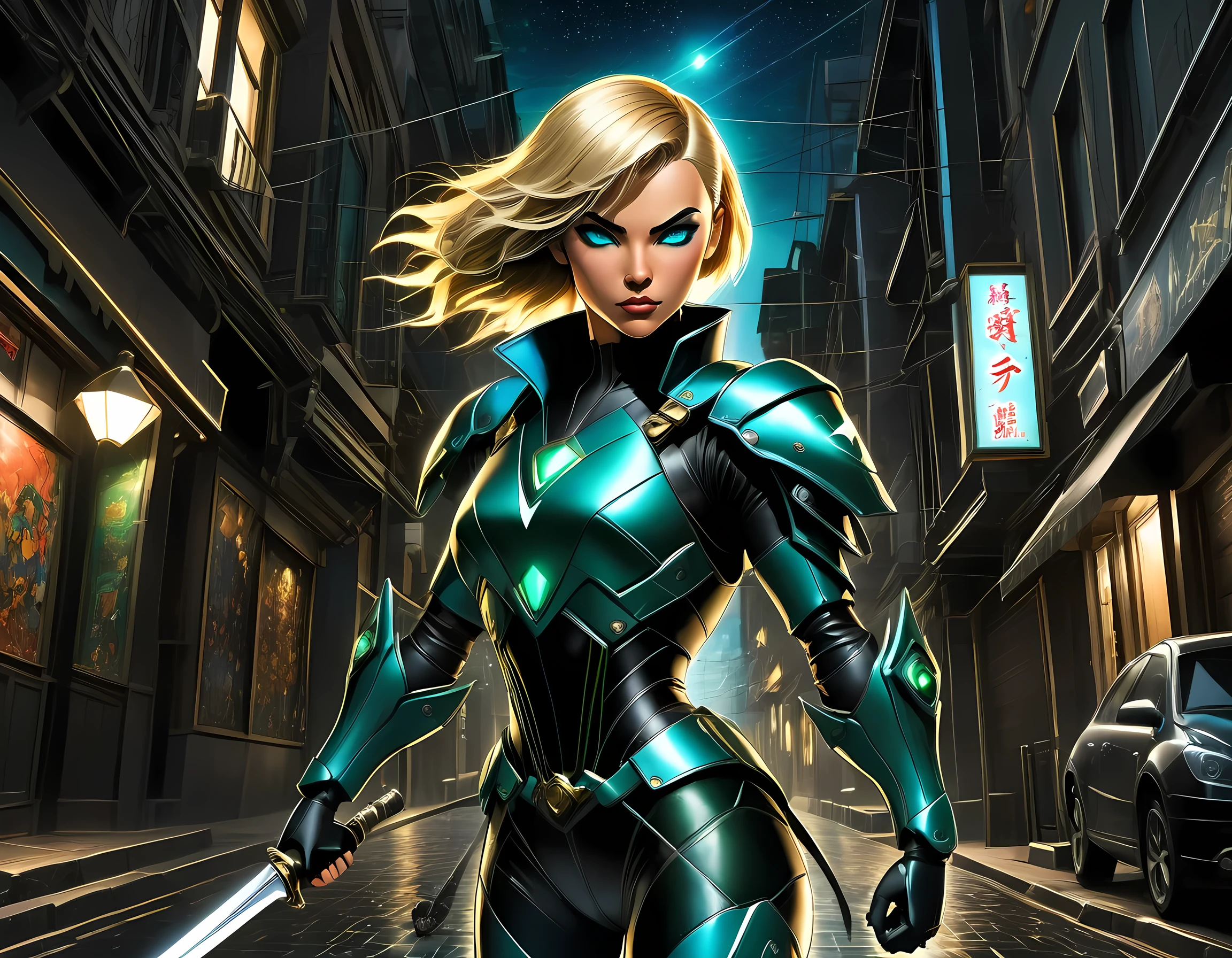 high details, best quality, 16k, [ultra detailed], masterpiece, best quality, (extremely detailed), full body, ultra wide shot, photorealistic, a picture of a woman assassin ready to combat in a dark alley, she holds a sword in hand, exquisite beautiful woman, she has pixie cut blond hair, emerald green eyes, she wears a (blue: 1.3) tight leather suit, the suit has mecha gadgets, dynamic color suit, she kneels in fantasy dark street of fantasy setting city, its night time, the moon is high in the sky, many stars in the night, high details, best quality, highres, ultra wide angle, DonMN1gh7XL, cybrk