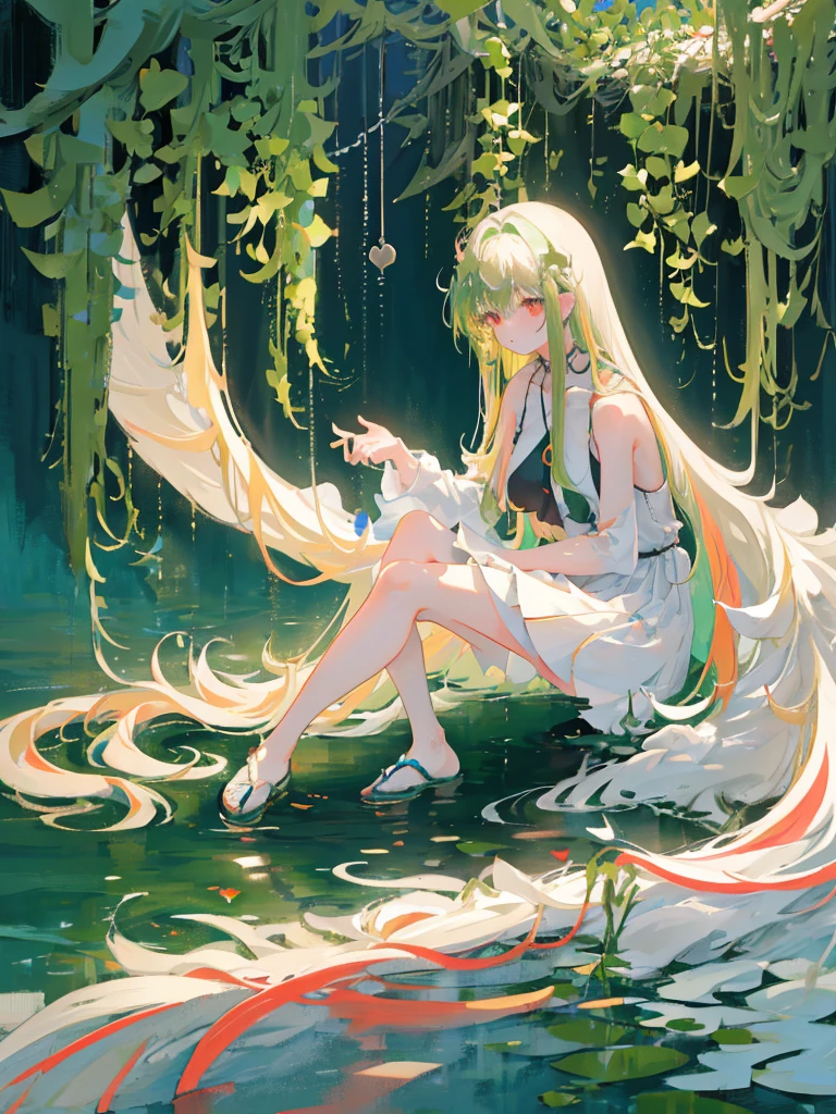 masterpiece, key anime visual, HDR, best quality, hi-res, (anime girl with red eyes and white skin), adolescent, (((light green hair))), (((straight hair that goes to her knees))), wearing a plain white sleeveless mini dress, wearing tan sandals with no socks, (((small breast))), in a garden, happy face, cute, looking up at camera, body angled, bangs left, asymmetrical bang, wavy lock on sides of her face, 1 silver heart necklace on thin silver chain, 