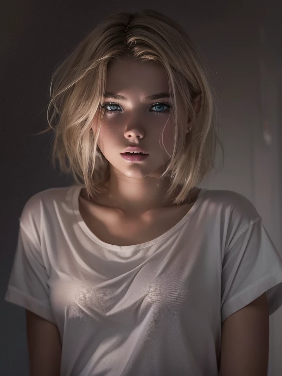 1 young girl, blonde hair, white wet tshirt, flat chested, 18yo (best quality:1) , (masterpiece:1), (ultra detailed:1), photorealism, upper body, (looking at viewer:1.1), (indoors, night, darkness, dark room:1.2)
side on, short hair, choker, atmospheric lighting, moody and gritty, low key lighting
