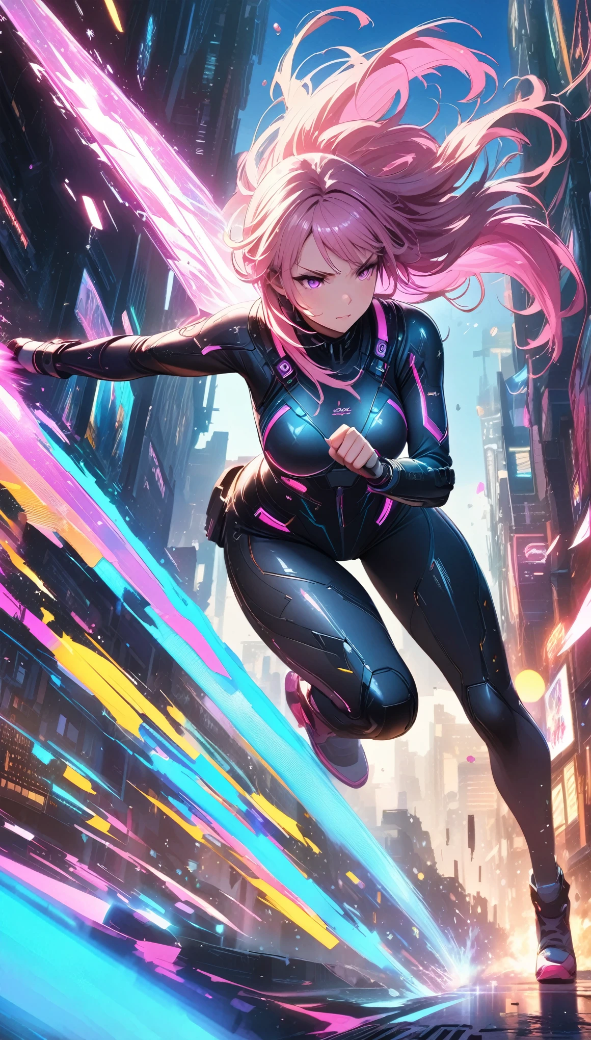 (masterpiece:1.3),(highest quality:1.4),(ultra detailed:1.5),High resolution,extremely detailed,unity 8k wallpaper,"A beautiful woman wearing a sleek, body-hugging combat suit in a cyberpunk setting. The suit is crafted from high-durability, lightweight materials, featuring an ergonomic design with vibrant neon lines and patterns in white and pink, tracing the contours of her athletic physique. The suit includes reinforced joints and embedded sensors, seamlessly integrated into the fabric. She has no helmet, revealing her striking features and intense expression, with long, flowing hair styled in a modern cut. 

In an intense combat pose, she is mid-leap, one leg extended forward and the other bent beneath her, with one arm outstretched, firing a high-tech weapon that emits a bright, colorful energy beam. Her other arm is positioned defensively, a small, glowing shield projecting from a device on her wrist. 

The scene is set in a chaotic urban battlefield, illuminated by a cacophony of neon lights and holographic advertisements. The background features towering skyscrapers and flying vehicles, with vibrant, colorful lights reflecting off the wet surfaces. In the midst of combat, explosions and energy blasts create dynamic lighting effects, casting dramatic shadows and highlighting the action-packed atmosphere."
