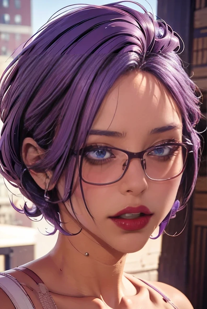 1girl, masterpiece, best quality, ultra-detailed, 8k, highly realistic, hyperrealistic, photorealistic, extremely detailed face and eyes, beautiful detailed purple eyes, beautiful detailed purple hair, short hair, glasses, JMT